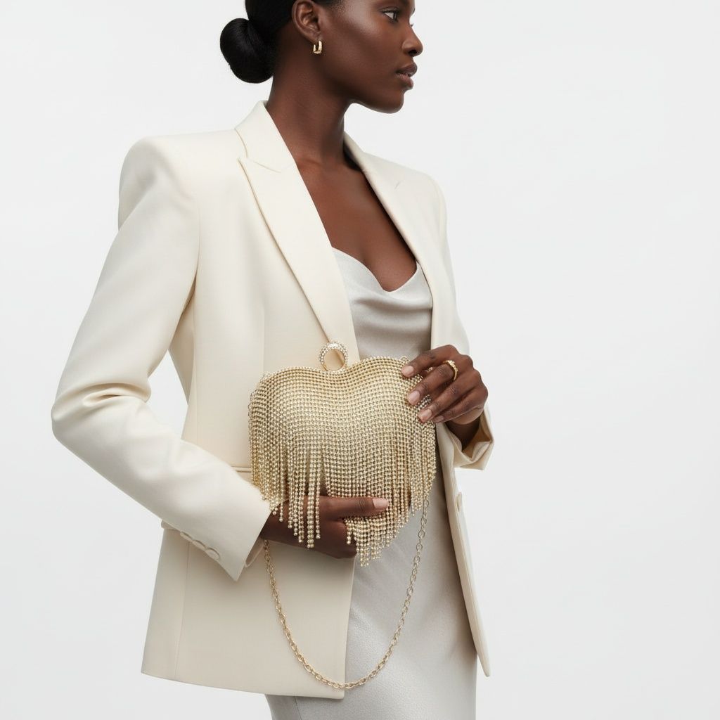 Clutch Gold Rhinestone Fringe Heart Hardcase Bag