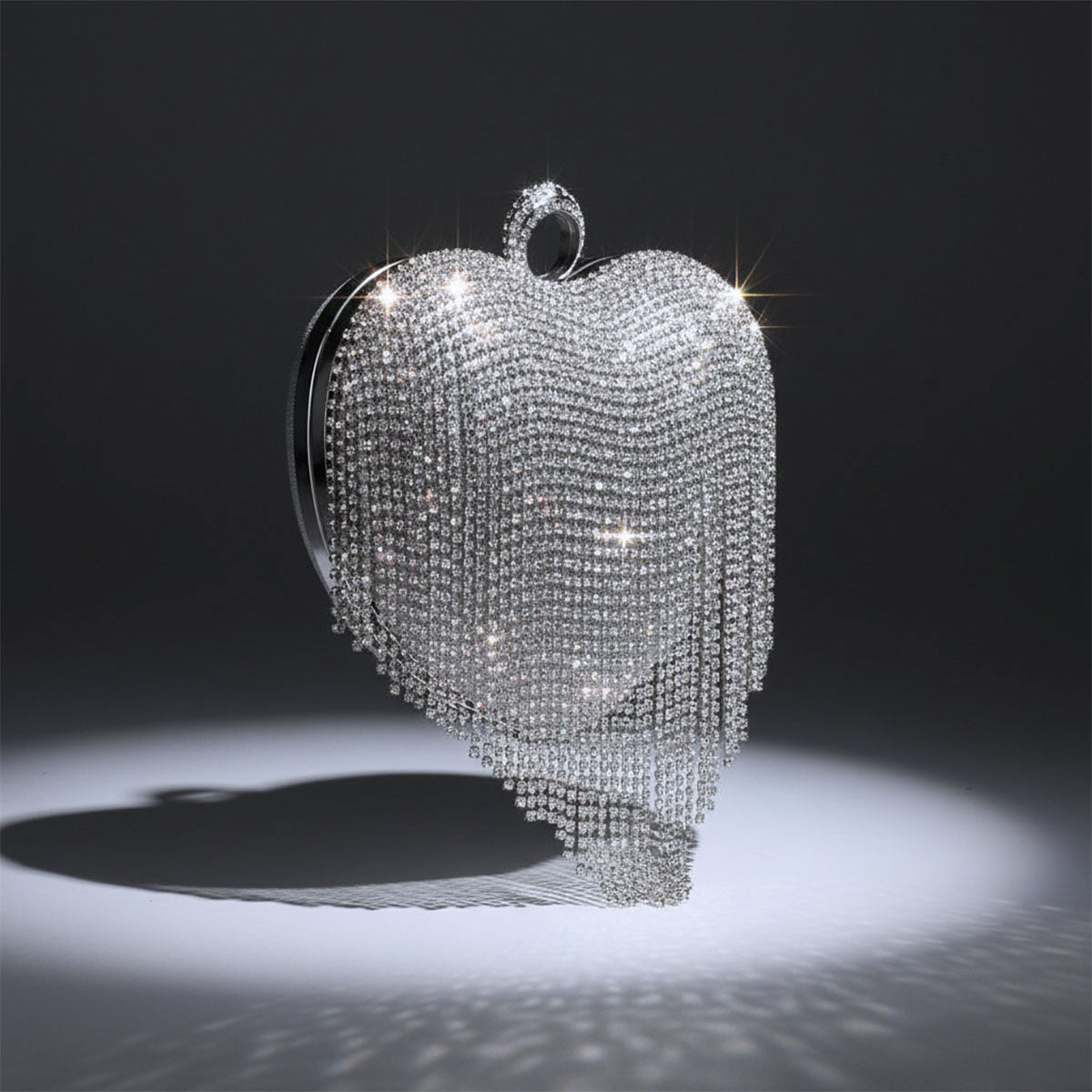 Clutch Silver Rhinestone Fringe Heart Hardcase Bag