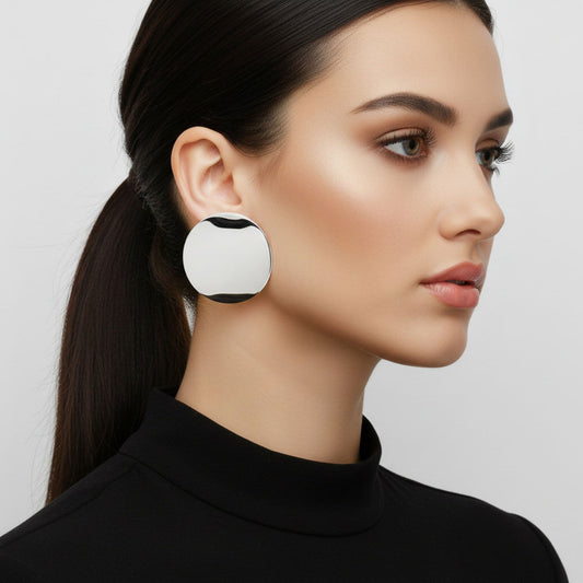 Stud Silver Steel Curved Round Disc Earrings