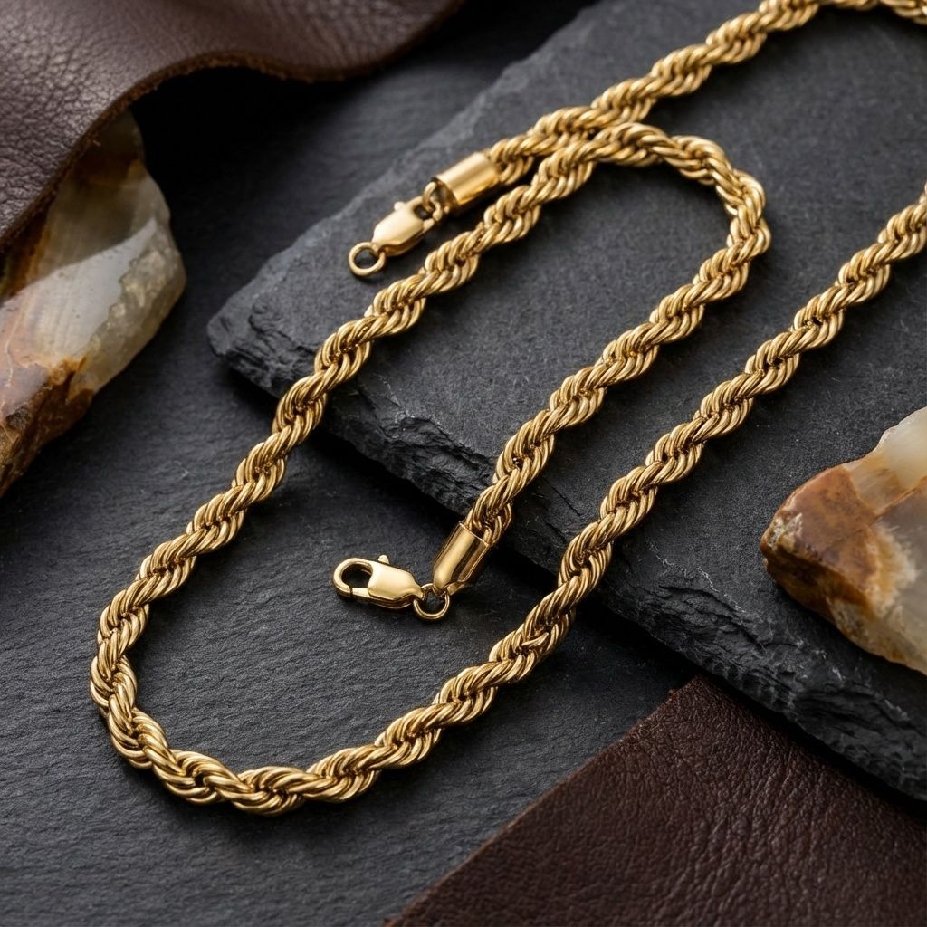 Mens 20in 8mm Gold 18K Stainless Steel Rope Chain