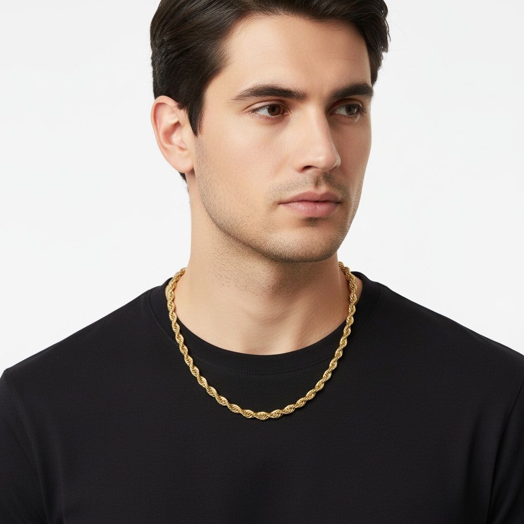 Mens 20in 8mm Gold 18K Stainless Steel Rope Chain
