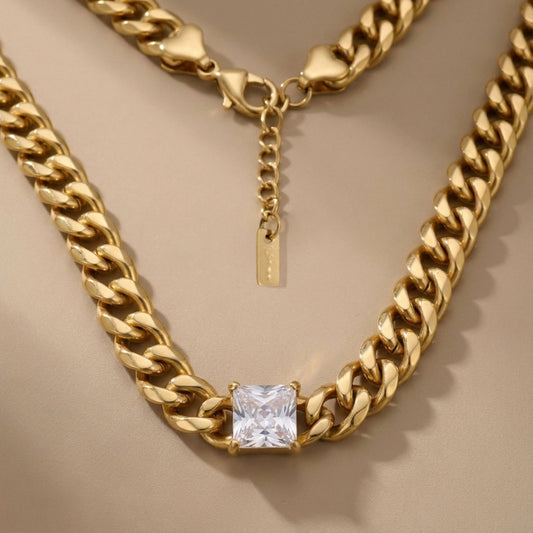 Gold 18K Steel Princess CZ Cuban Chain Necklace