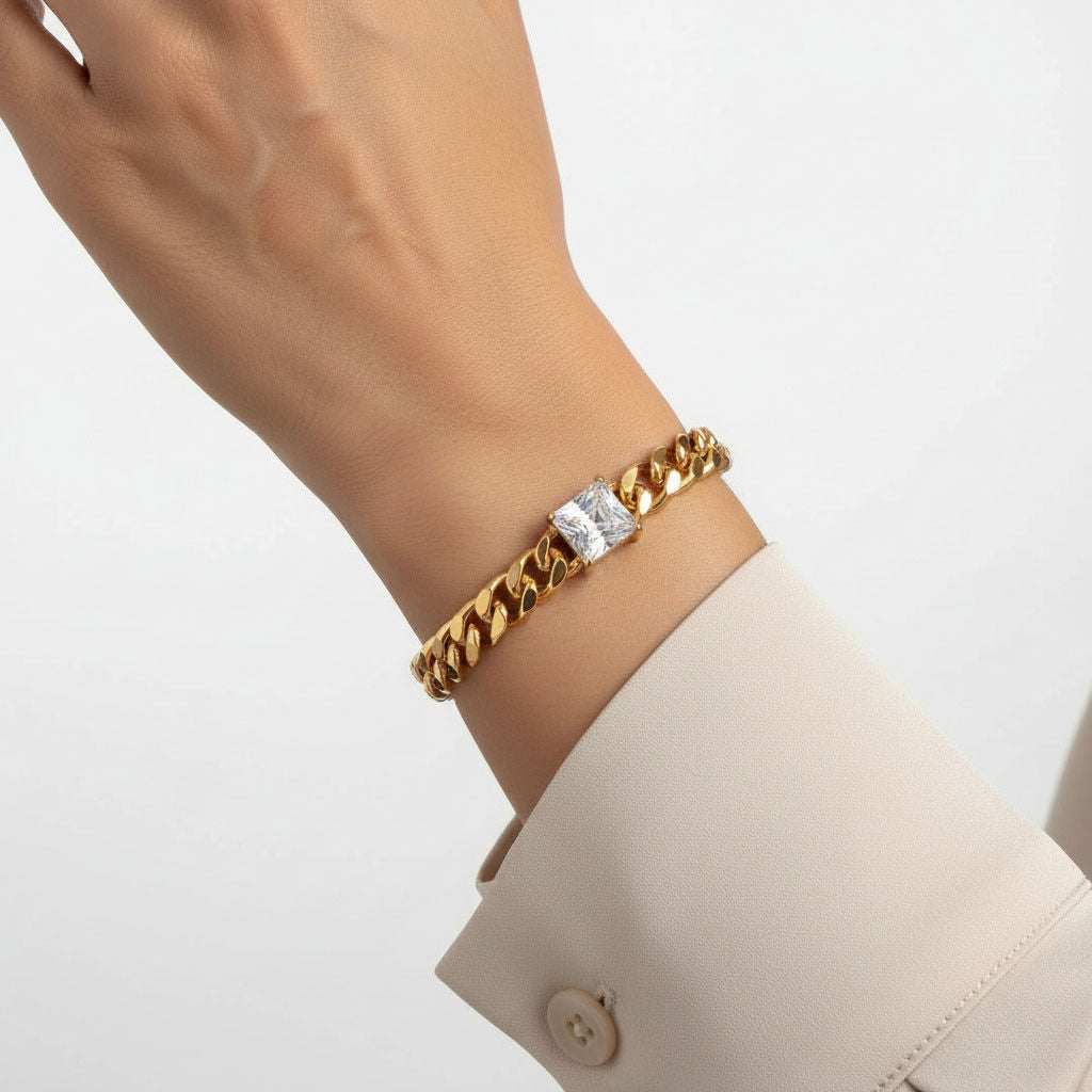 Gold 18K Steel Princess CZ Cuban Chain Bracelet