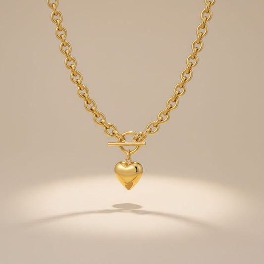 Gold 18K Steel Toggle Heart Rolo Chain Necklace