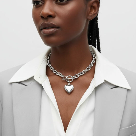 Stainless Steel Toggle Heart Rolo Chain Necklace