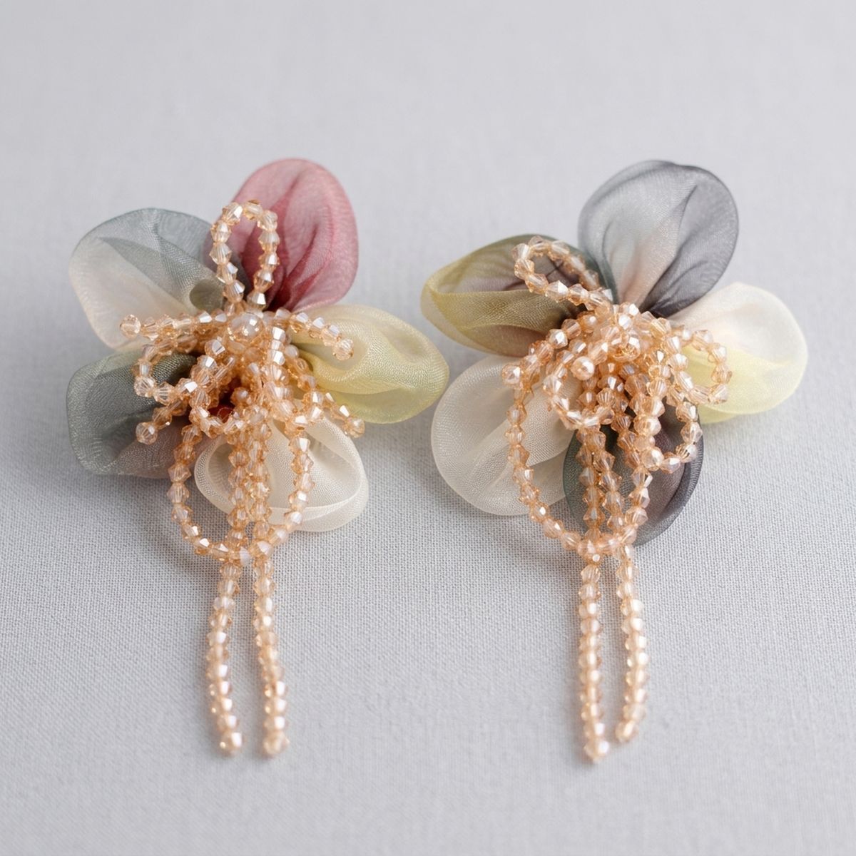 Organza Earthy Flower & Bead Tassel Drop Earrings