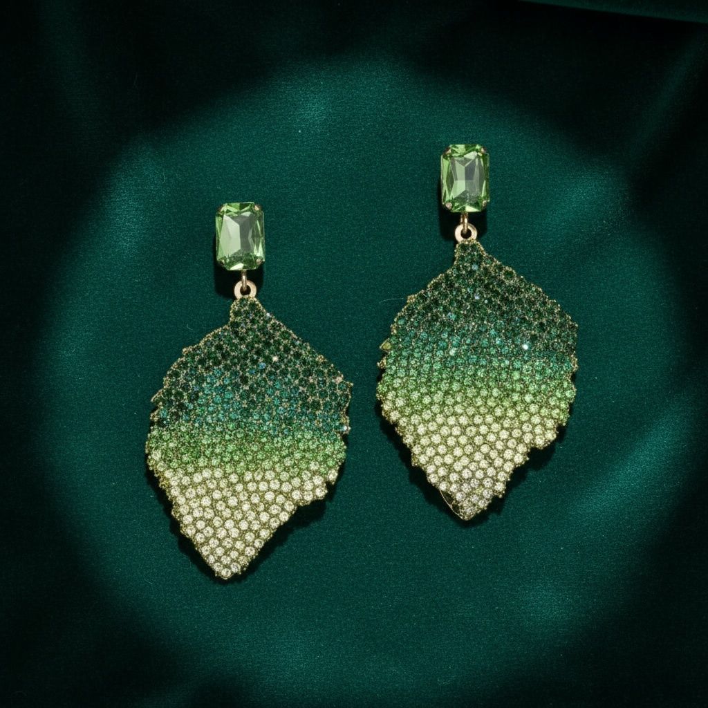 Drop Green Rhinestone Encrusted Leaf Earrings