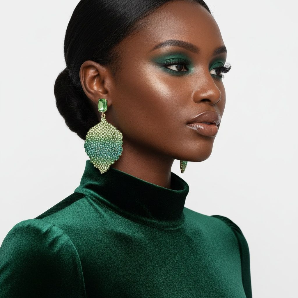 Drop Green Rhinestone Encrusted Leaf Earrings