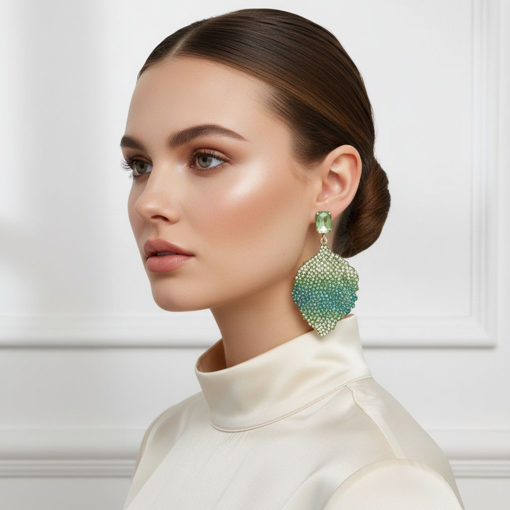 Drop Green Rhinestone Encrusted Leaf Earrings