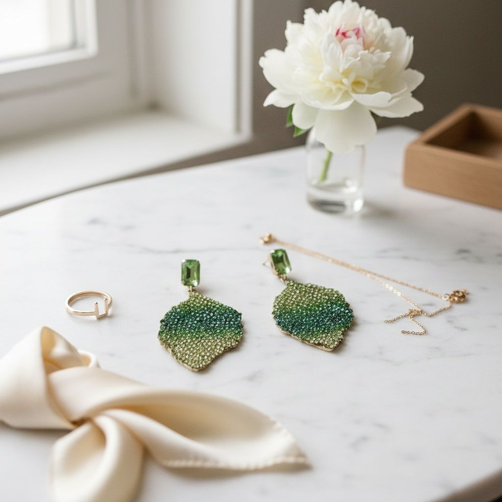 Drop Green Rhinestone Encrusted Leaf Earrings