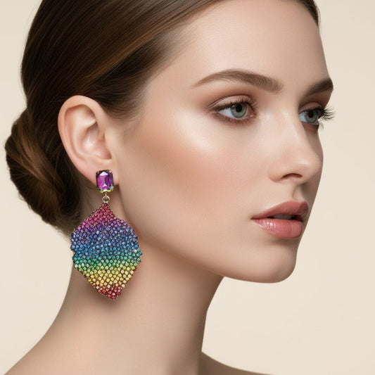 Drop Rainbow Rhinestone Encrusted Leaf Earrings