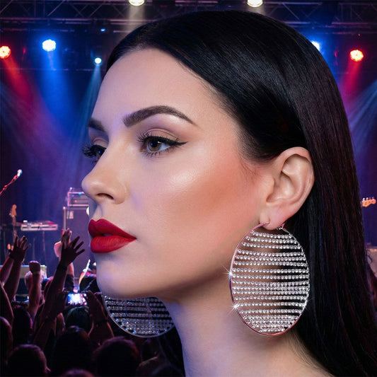 Hoop Linear Rhinestone Sparkle Silver Earrings