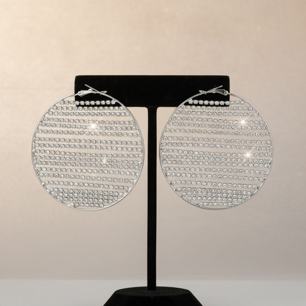 Hoop Linear Rhinestone Sparkle Silver Earrings