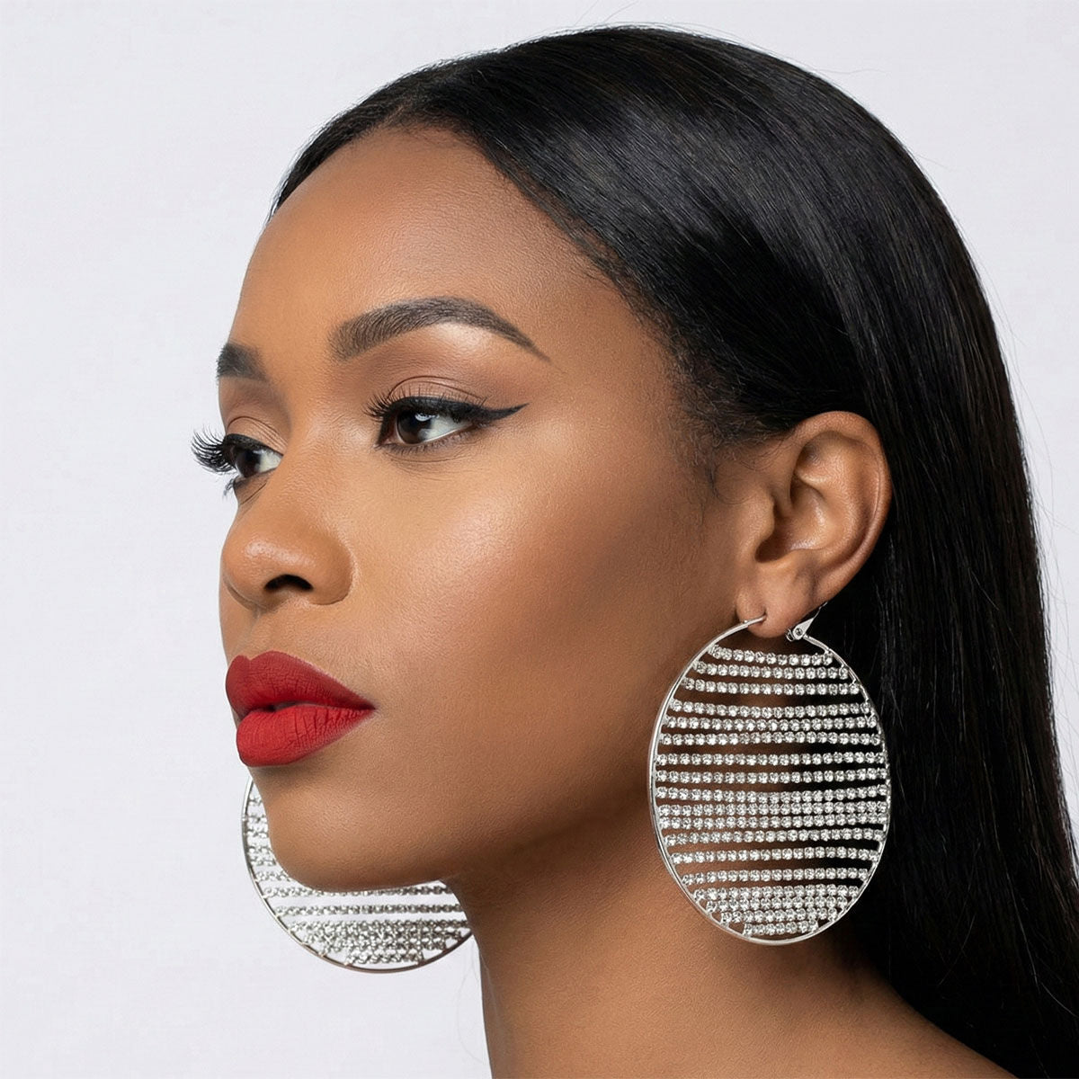 Hoop Linear Rhinestone Sparkle Silver Earrings