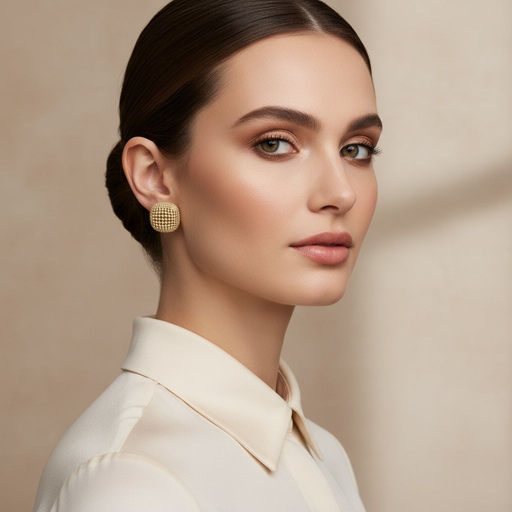 Stud Square Dome Gold Basket Weave Earrings