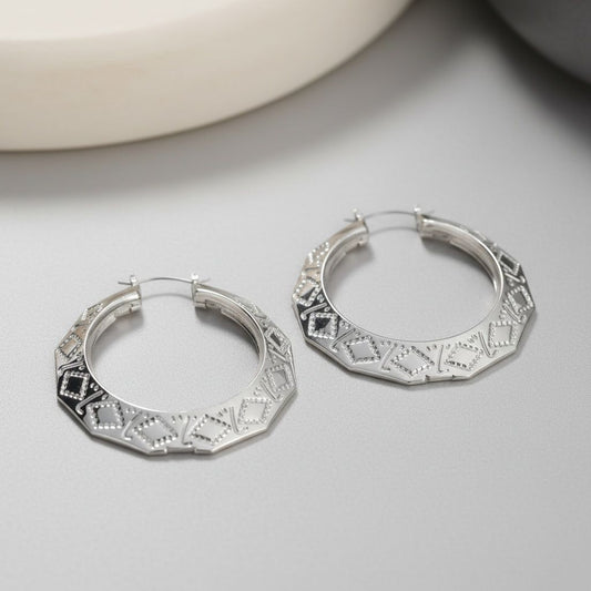 Hoop Silver Diamond Cut Geometric Edge Earrings