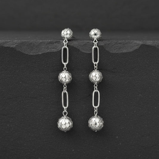 Dangle Silver Linked Mesh Ball Long Drop Earrings