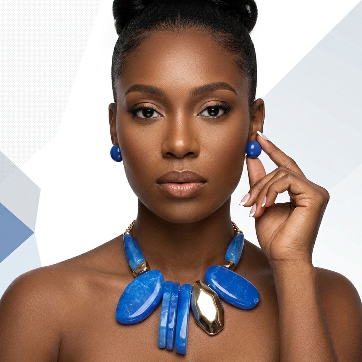 Chunky Blue Geometric Marbled Resin Bib Necklace
