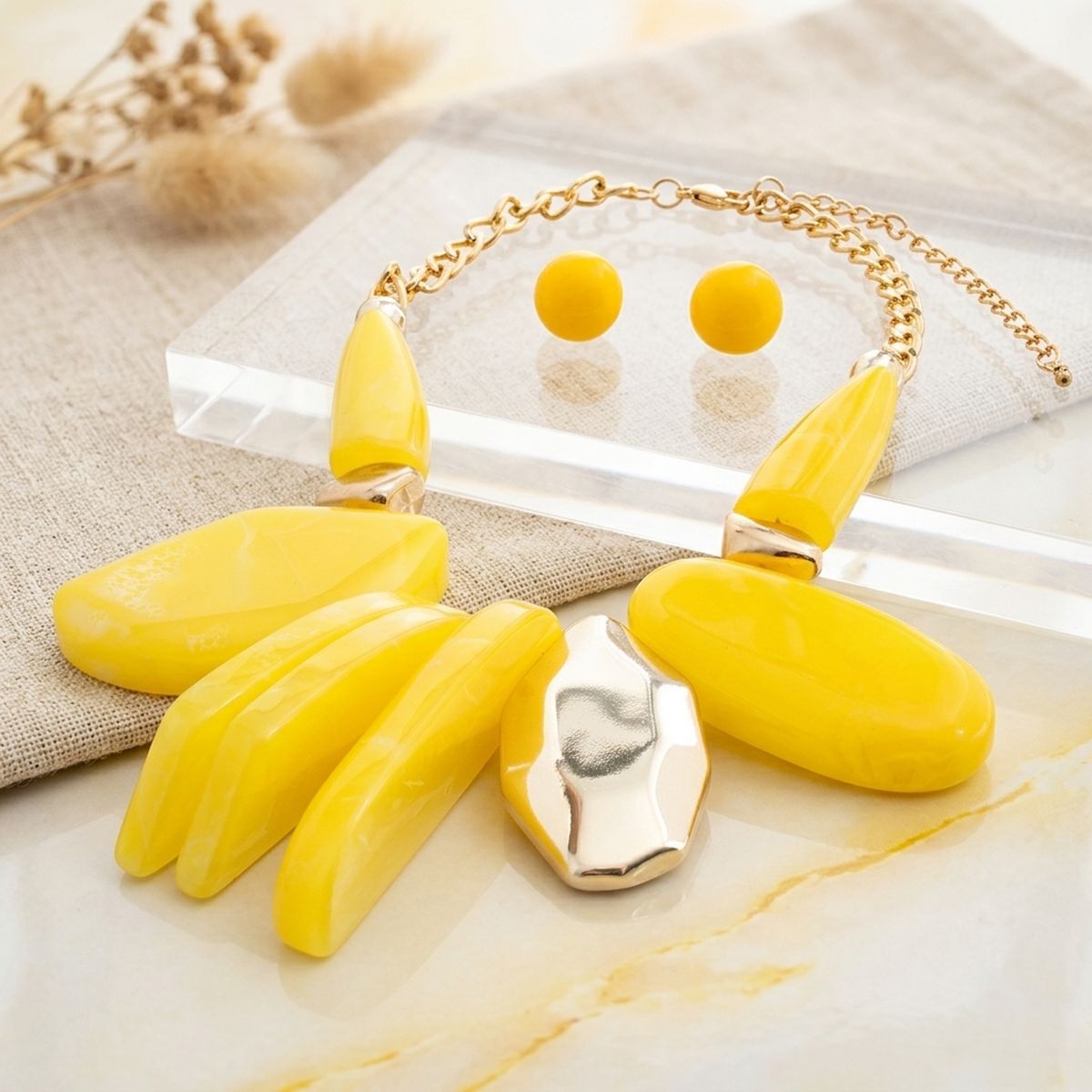 Chunky Yellow Geometric Marbled Resin Bib Necklace