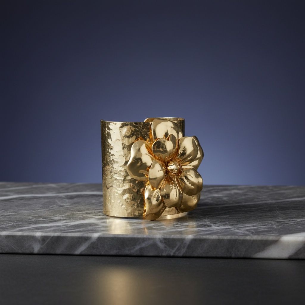 Cuff Hammered Gold Magnolia Flower Bracelet