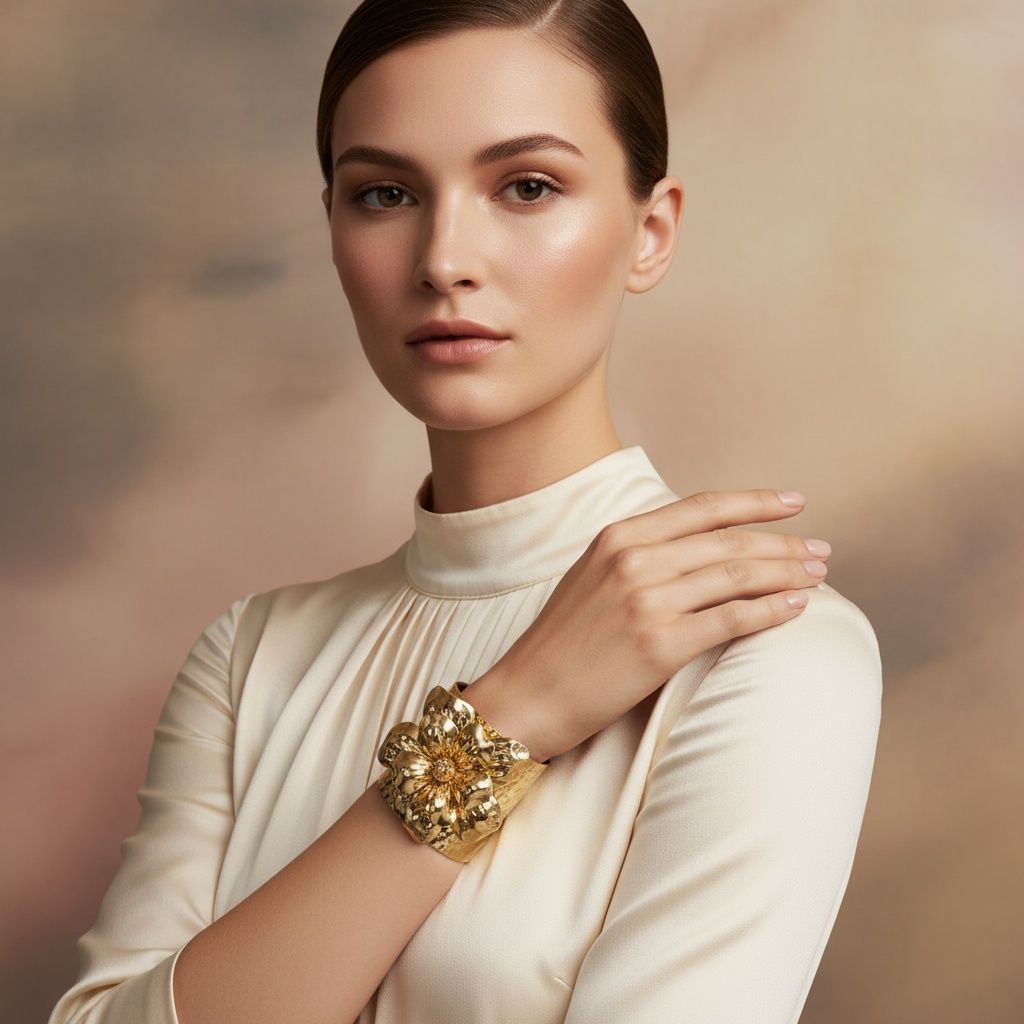 Cuff Hammered Gold Magnolia Flower Bracelet