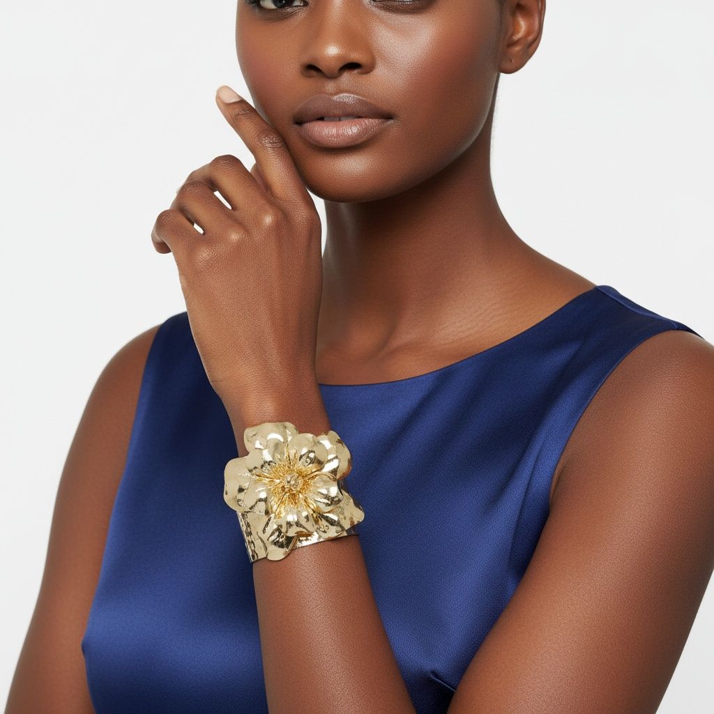 Cuff Hammered Gold Magnolia Flower Bracelet