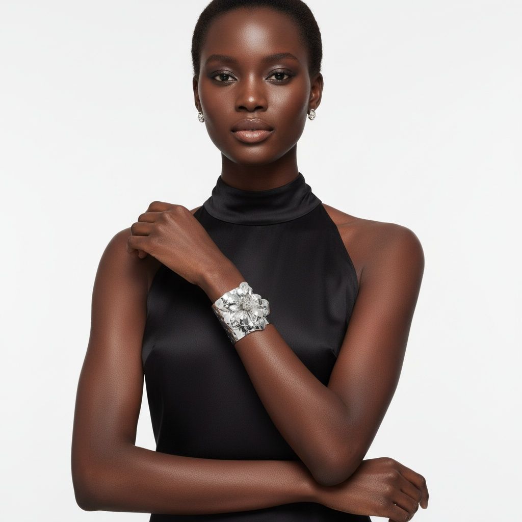 Cuff Hammered Silver Magnolia Flower Bracelet