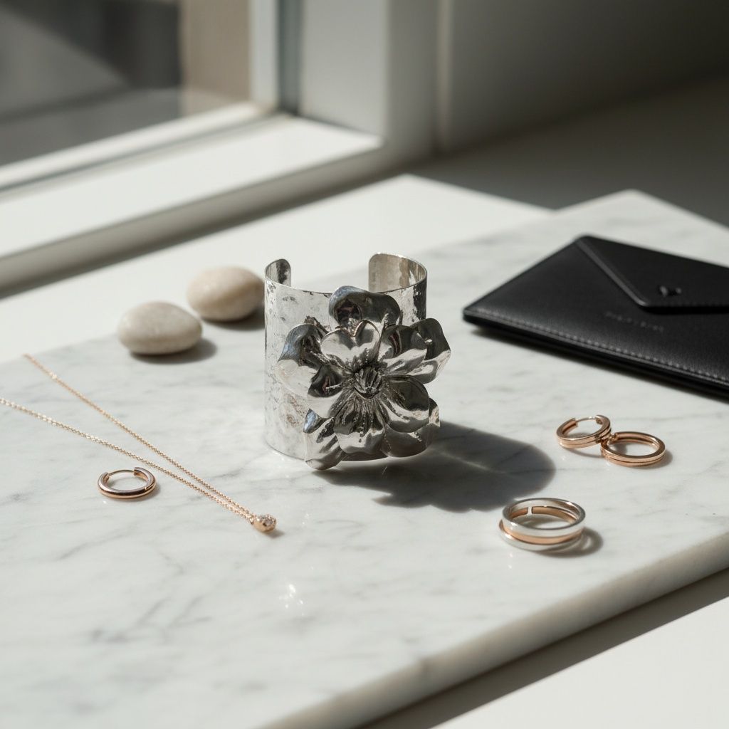 Cuff Hammered Silver Magnolia Flower Bracelet