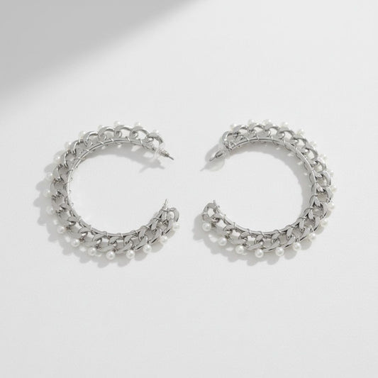 Silver Chain Open Hoops with White Pearl Earrings