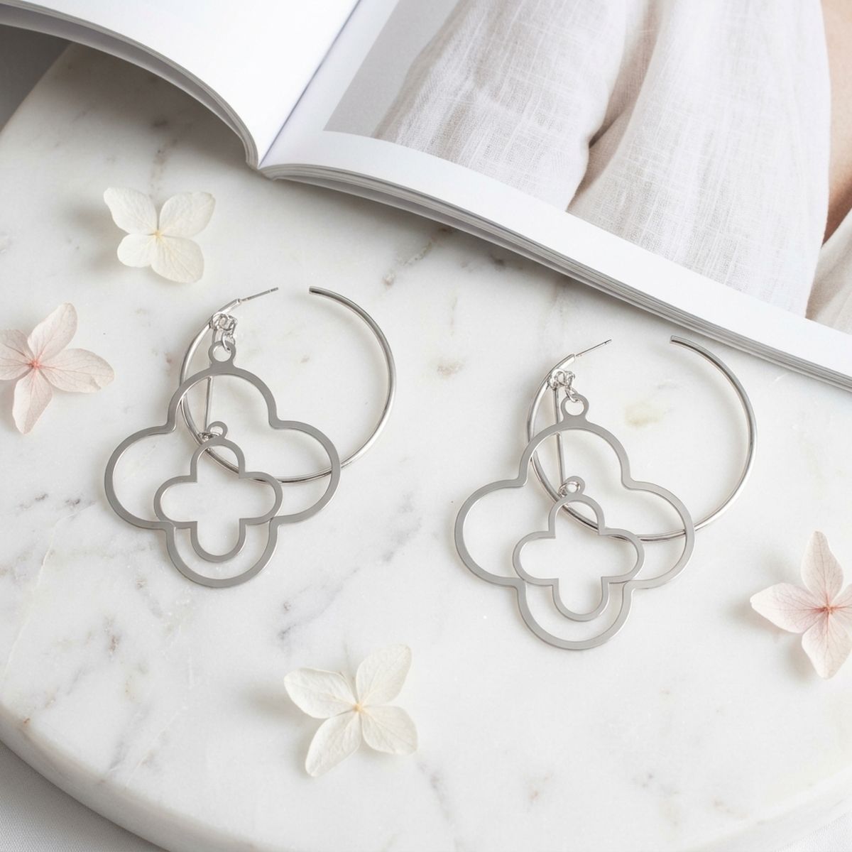 Hoop Silver Interconnected Quatrefoil Earrings