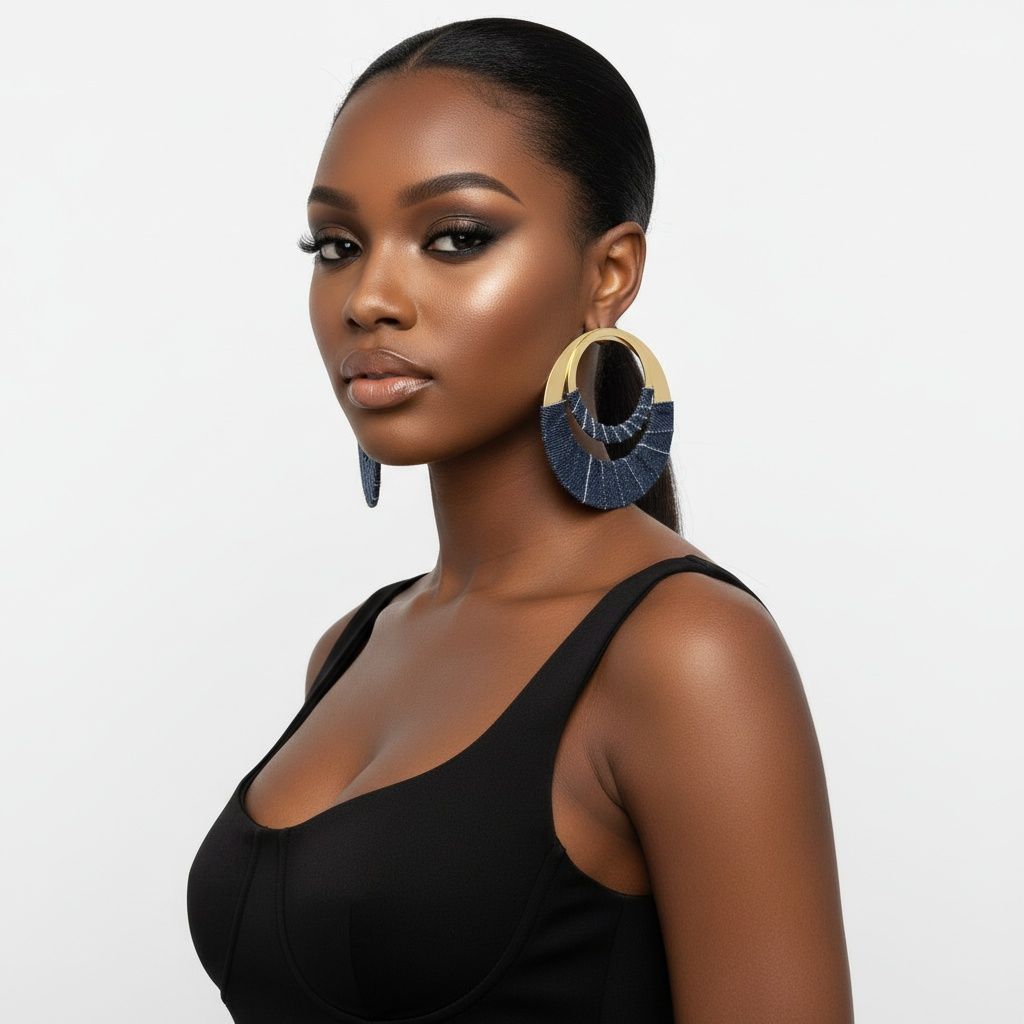 Hoop Denim Jeans Gold Double Ring Urban Earrings