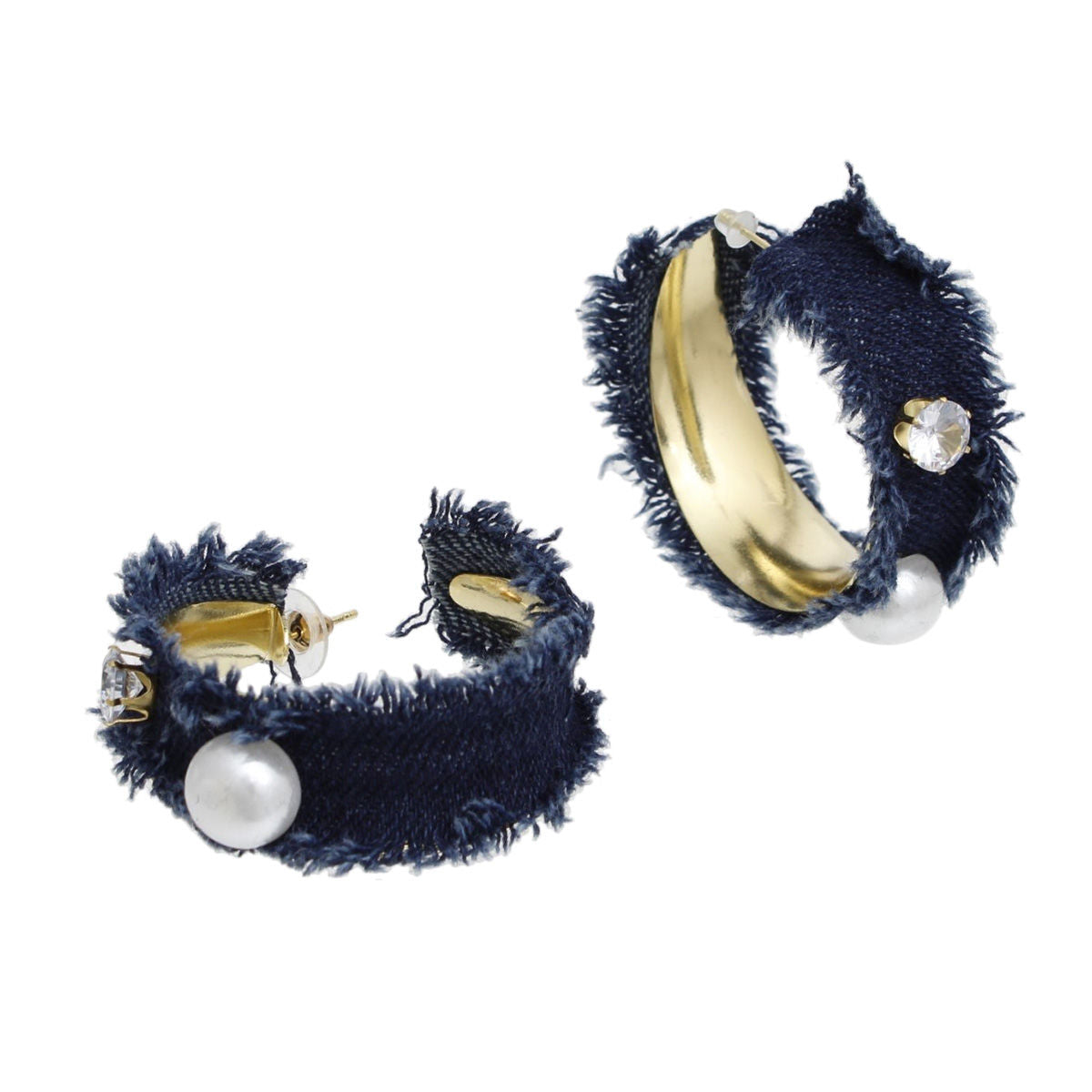 Hoop Gold Frayed Denim Pearl Rhinestone Earrings