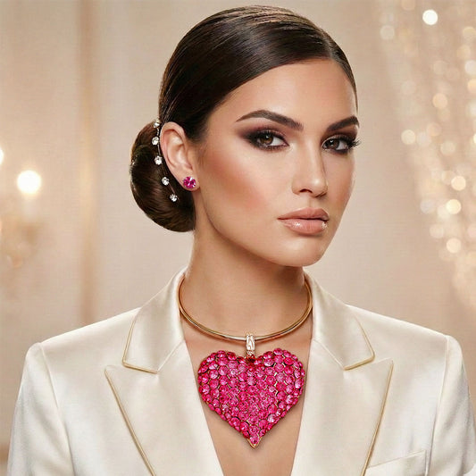 Pendant Fuchsia Stone Domed Heart Chunky Necklace