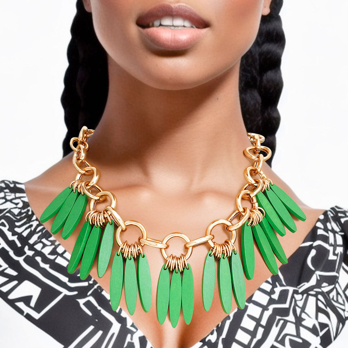 Necklace Tribal Green Wood Fringe for Women