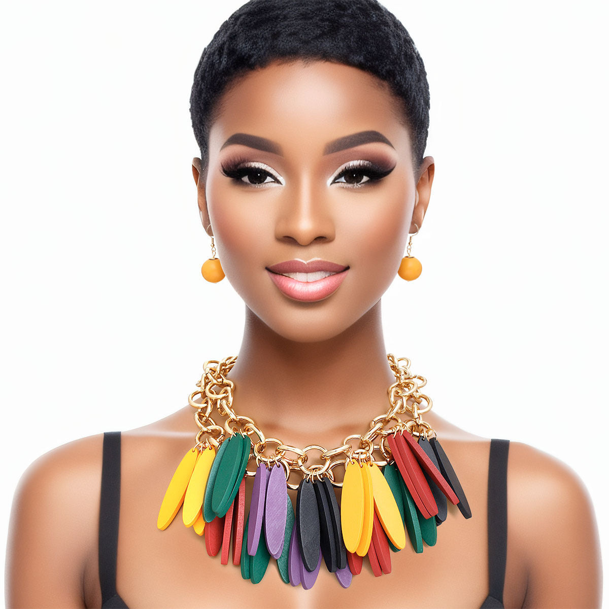 Choker Tribal Multicolor Wood Fringe Layered Set