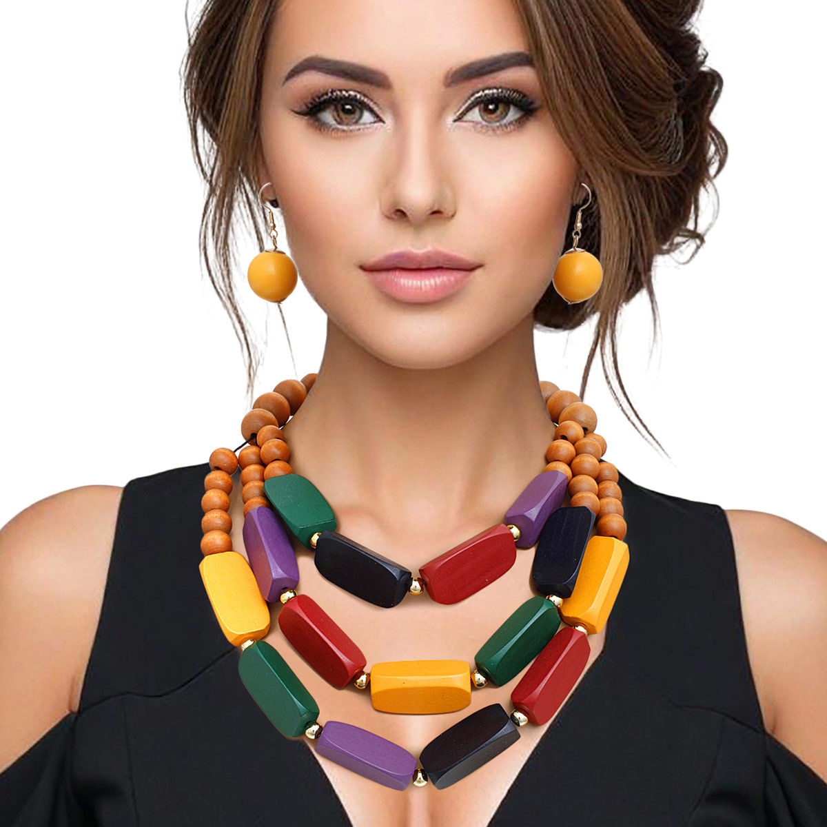 Beaded Necklace Multicolor Geo Wood Bead Set Women