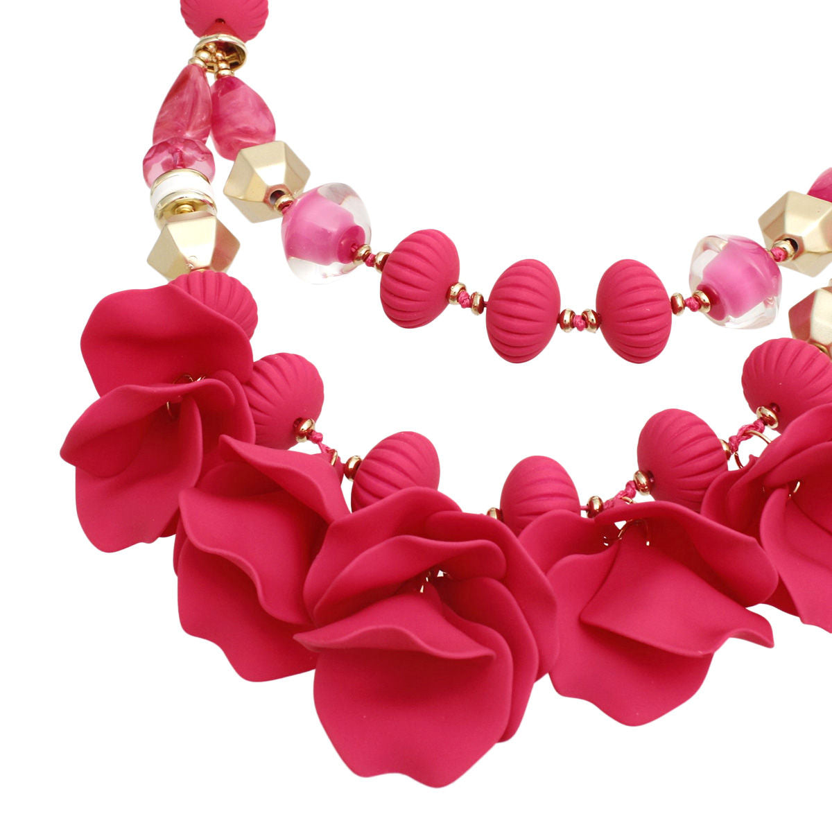 Beaded Necklace Fuchsia Petals Layered Set Women