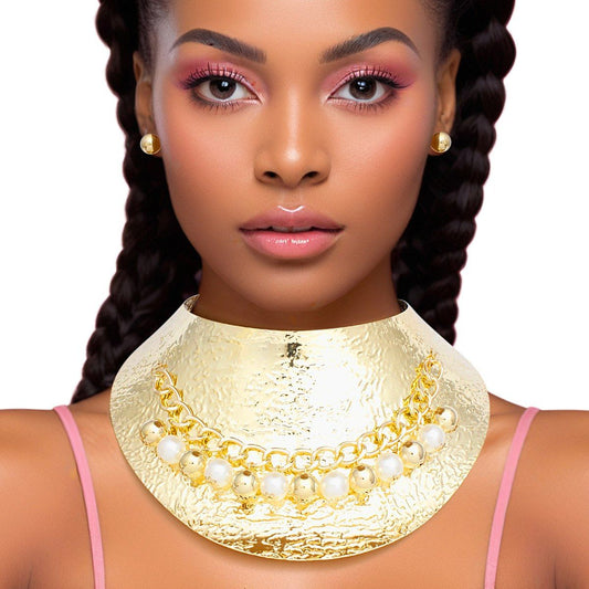 Armor Choker Collar Pearl Rigid Gold Metal Set