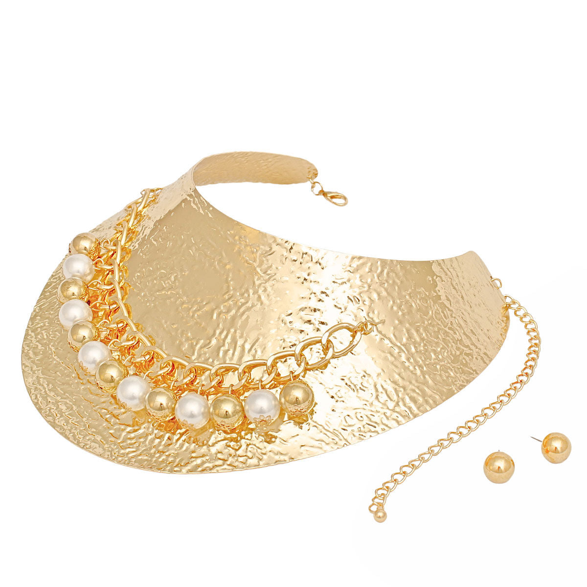 Armor Choker Collar Pearl Rigid Gold Metal Set