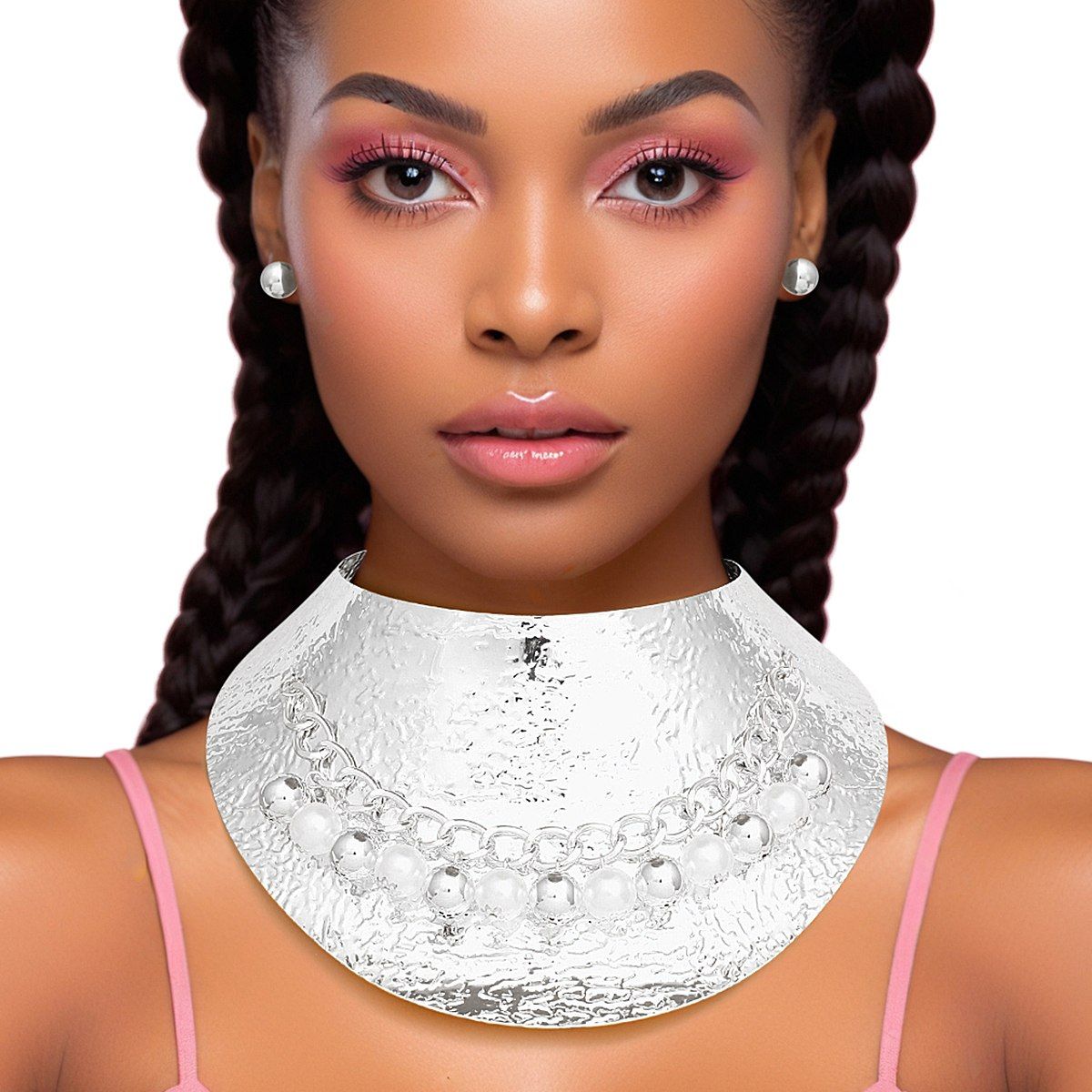 Armor Choker Collar Pearl Rigid Silver Metal Set