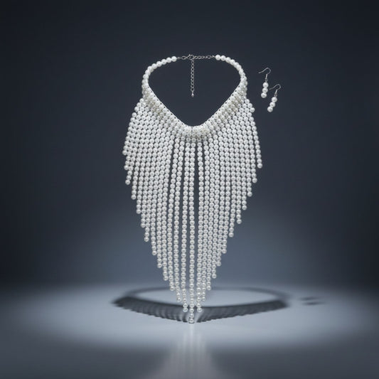 Bib Long White Pearl Fringe Choker Necklace