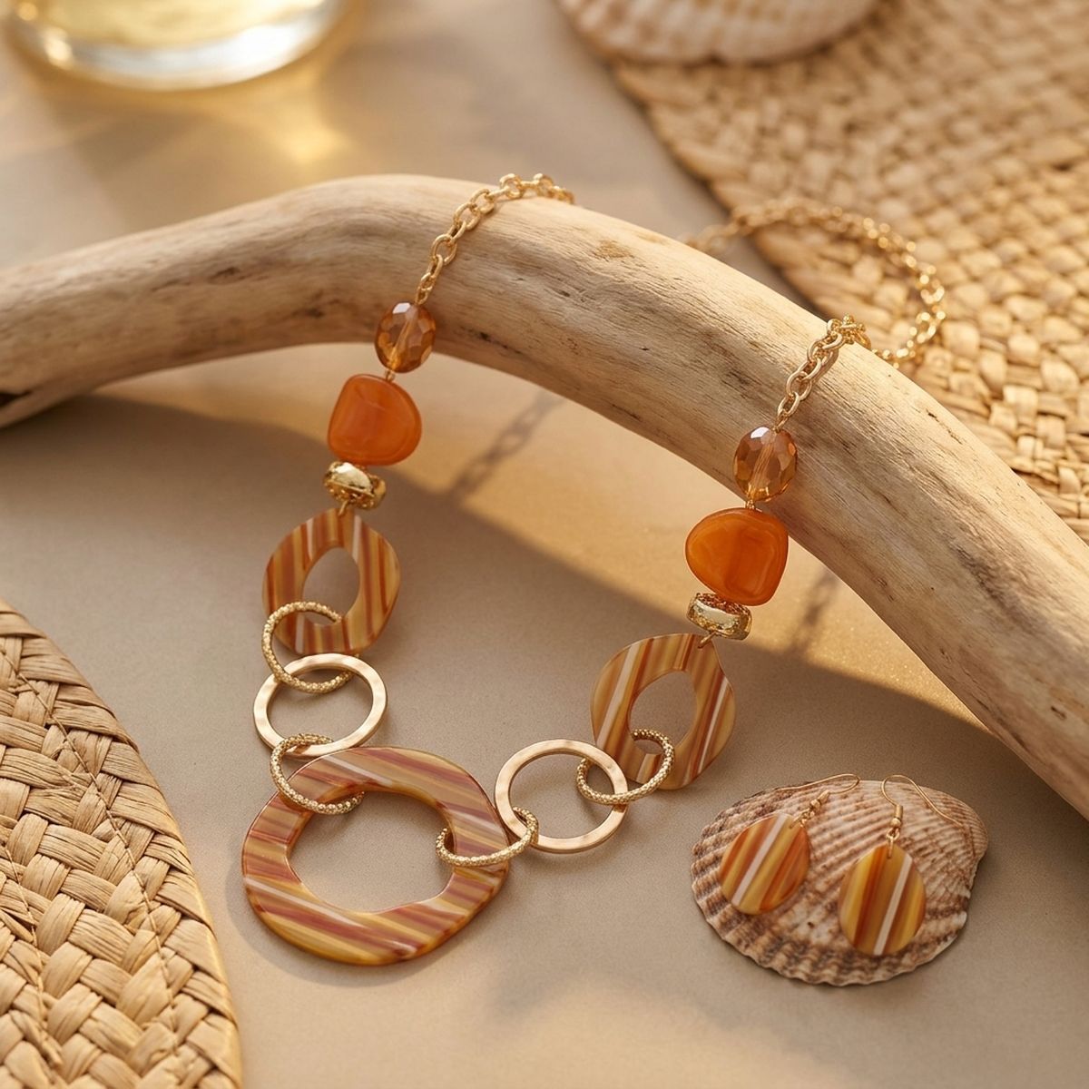 Long Orange Stripe Mixed Elements Link Necklace