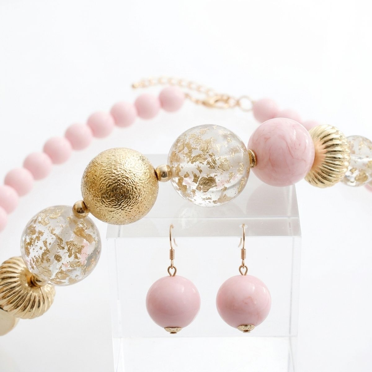 Blush Pink Gold Flake Marble Beaded Necklace