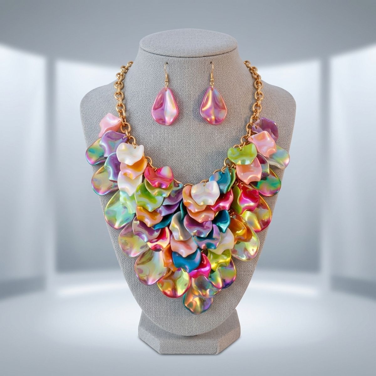 Colorful Iridescent Petal Cascade Bib Necklace