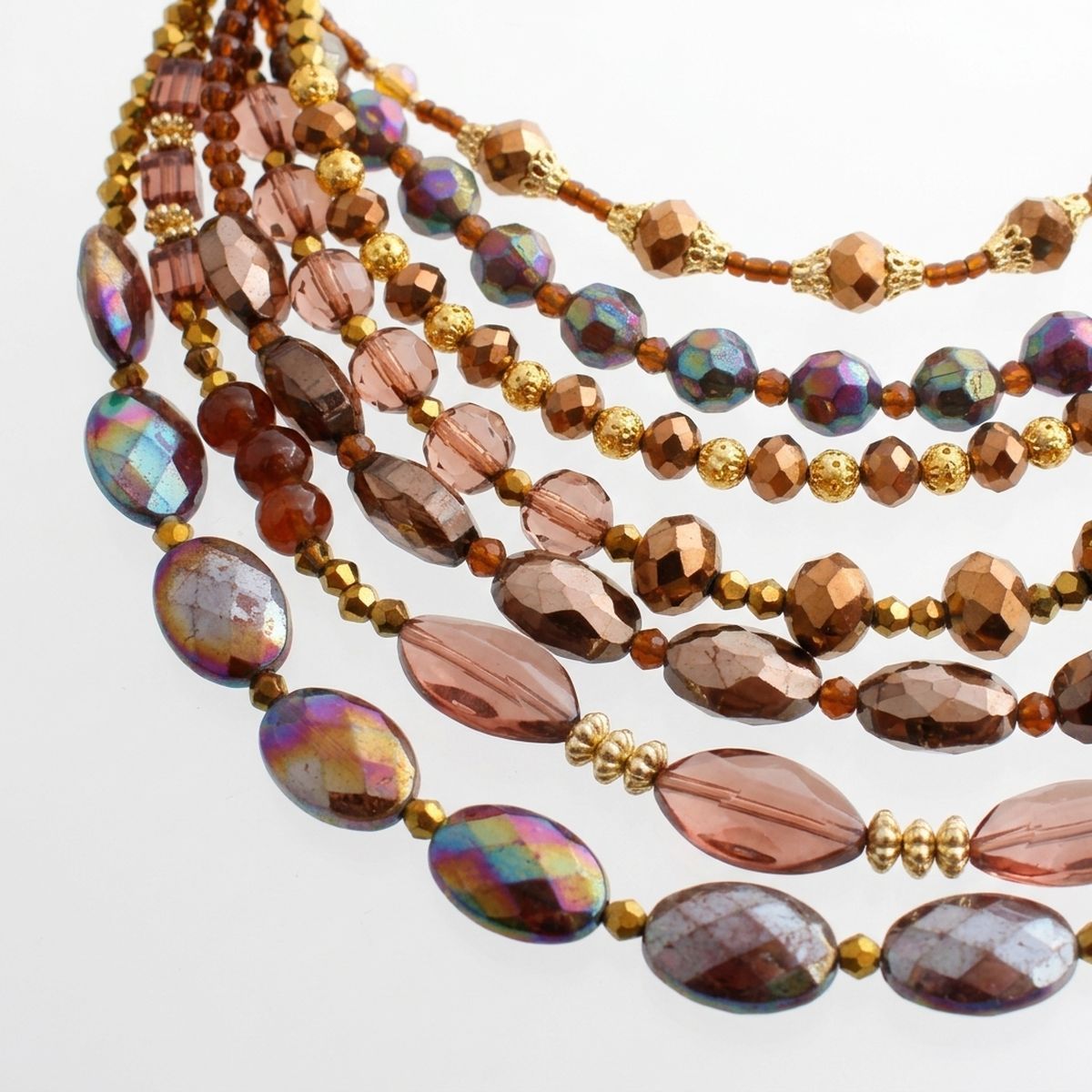Layered Brown Crystal Beads & Gold Coil Necklace