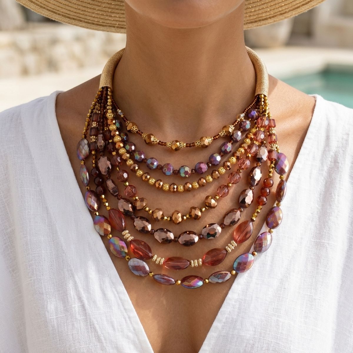 Layered Brown Crystal Beads & Gold Coil Necklace