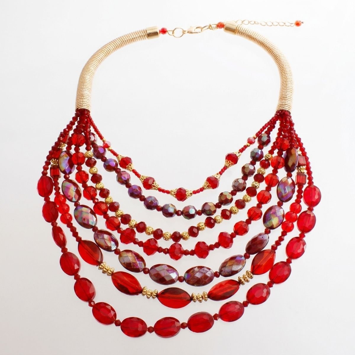 Layered Red Crystal Beads & Gold Coil Necklace