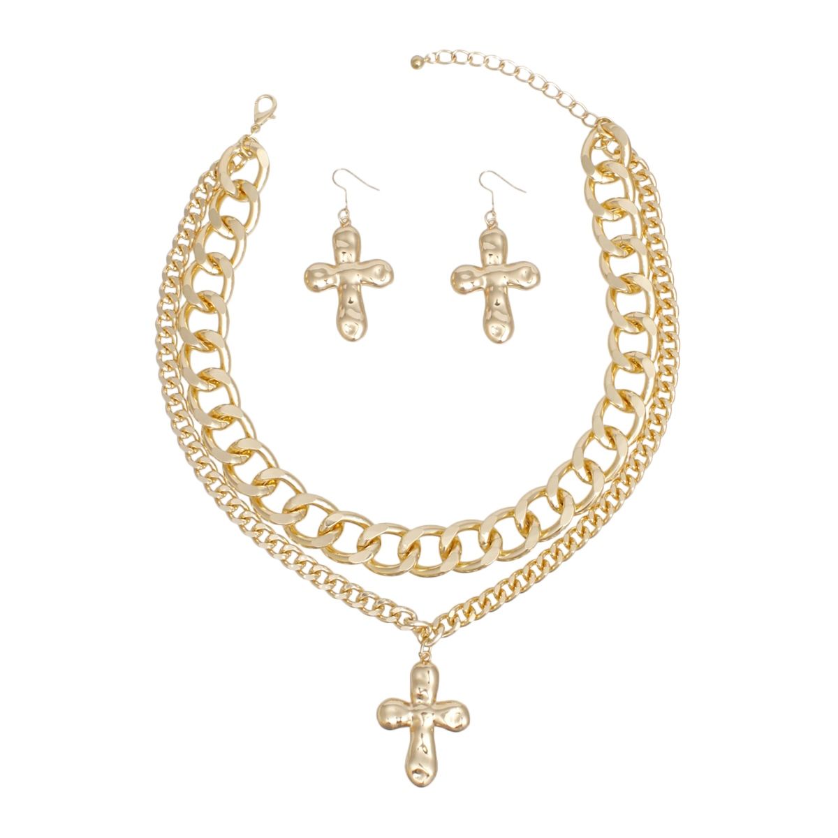 Chain Gold Hammered Cross Pendant Layered Necklace