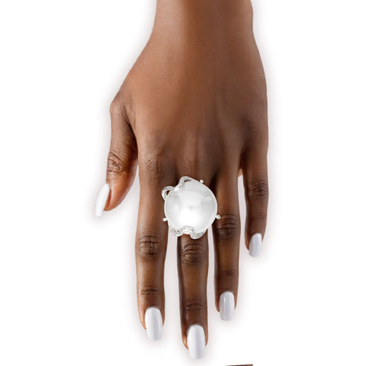 Cocktail White Power Pearl Silver Stretch Ring