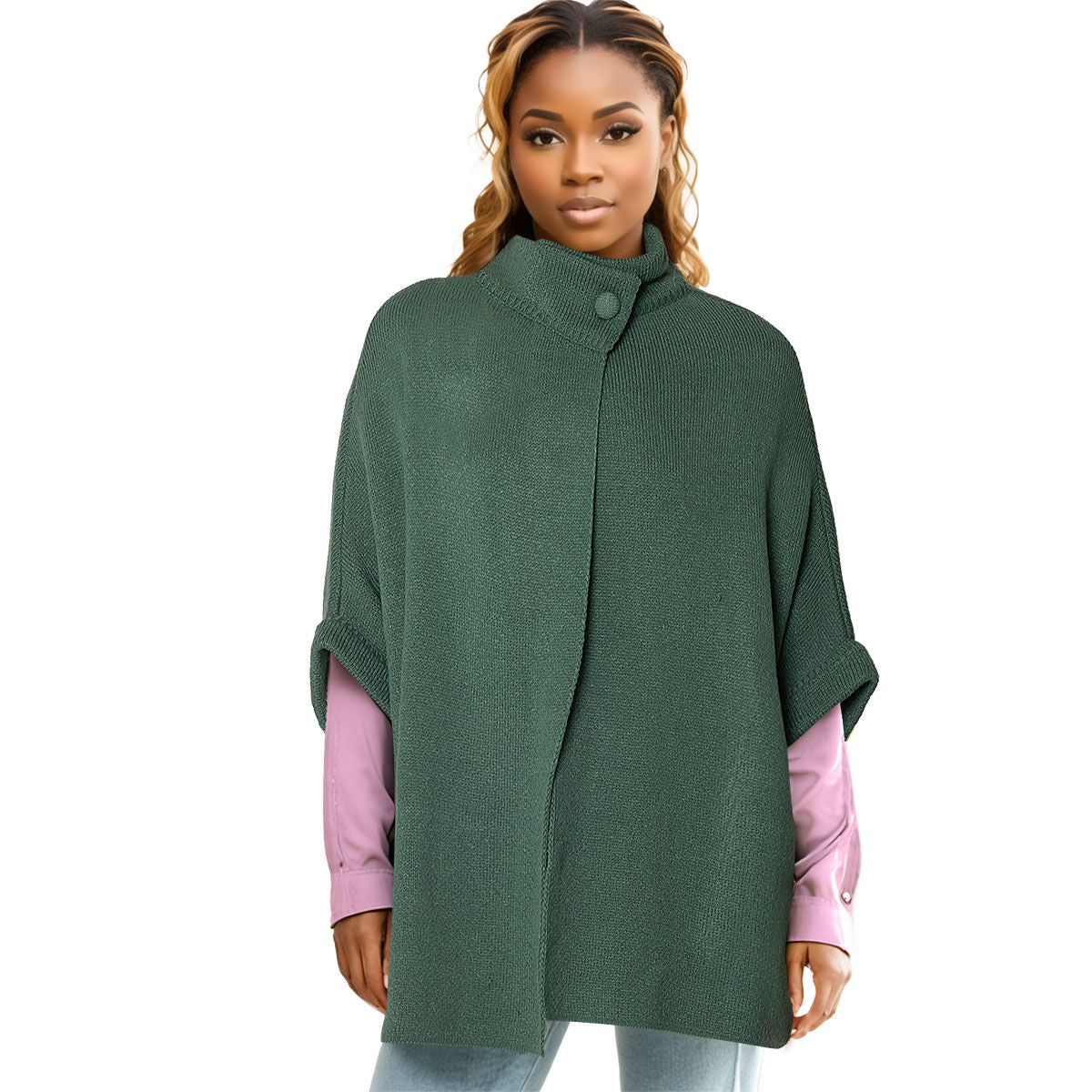 Cardigan Green Knit Neck Button for Women